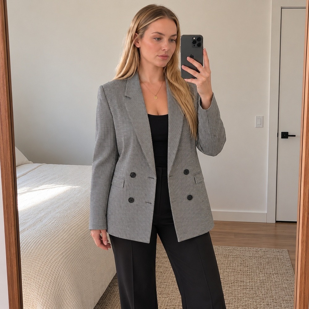 Vintage J.Crew Womens Wool Blazer 8 Black White Houndstooth Preppy Academia